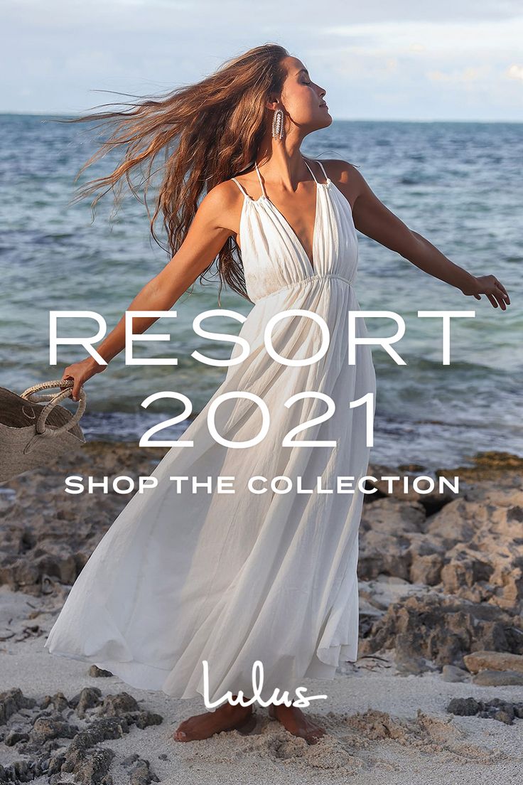 a woman in a white dress on the beach with text reading resort 2012 shop the collection