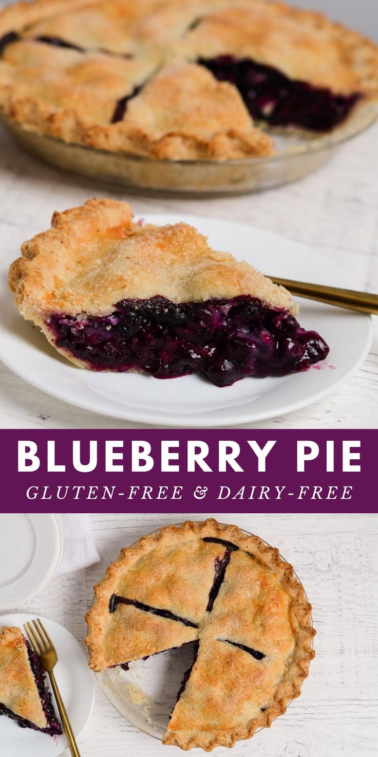 a blueberry pie on a plate with a slice missing