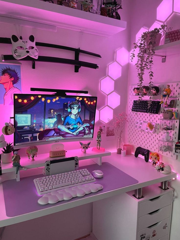 a desk with a computer on it in front of a pink wall and shelves filled with toys