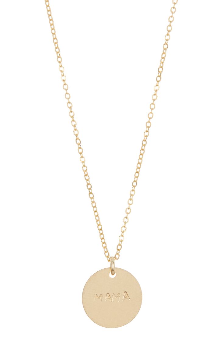 Give your look a sentimental finish with this MAMA stamped disc pendant necklace. 16" length 14K gold fill Made in the USA Everyday 14k Gold Filled Coin Necklace With Round Pendant, 14k Gold Filled Necklace With Round Pendant, Everyday Gold Engraved Medallion Necklace, Everyday Coin Necklace With Adjustable Chain, Minimalist 14k Gold Medallion Necklace For Gift, Everyday Medallion Necklace Stamped 14k, Everyday 14k Gold Coin Necklace With Round Pendant, Round Disc Charm Necklace With Adjustable Chain, Recycled Gold Necklace With 14k Stamped Round Pendant