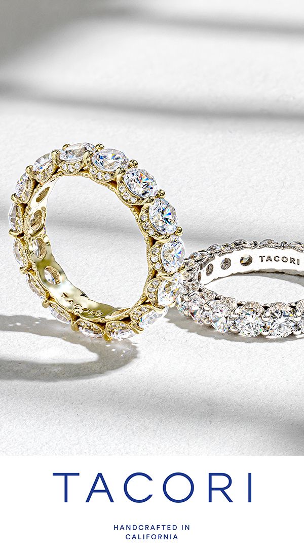 two diamond rings with the words tacori written in white and gold on them