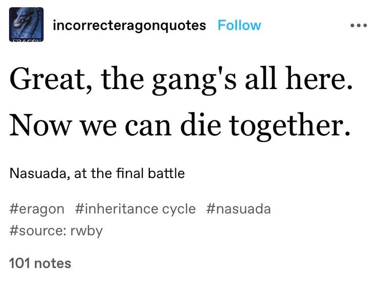 an image of a twitter post with the caption great, the gang's all here now we can die together