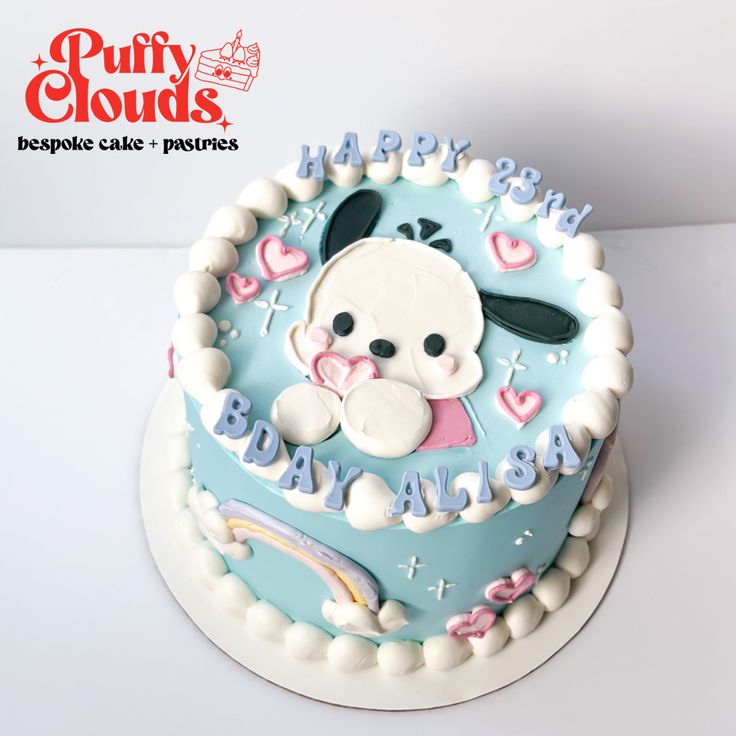 Cute Sanrio kawaii cake Aesthetic Pochacco, Pochacco Cake, Kuromi Cake, Cute Pochacco, Moana Birthday Cake, Pinterest Cake, Baby Cake Smash, Dessert Gifts, Simple Cake Designs