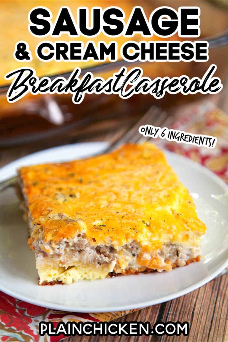 sausage and cream cheese breakfast casserole on a white plate with text overlay