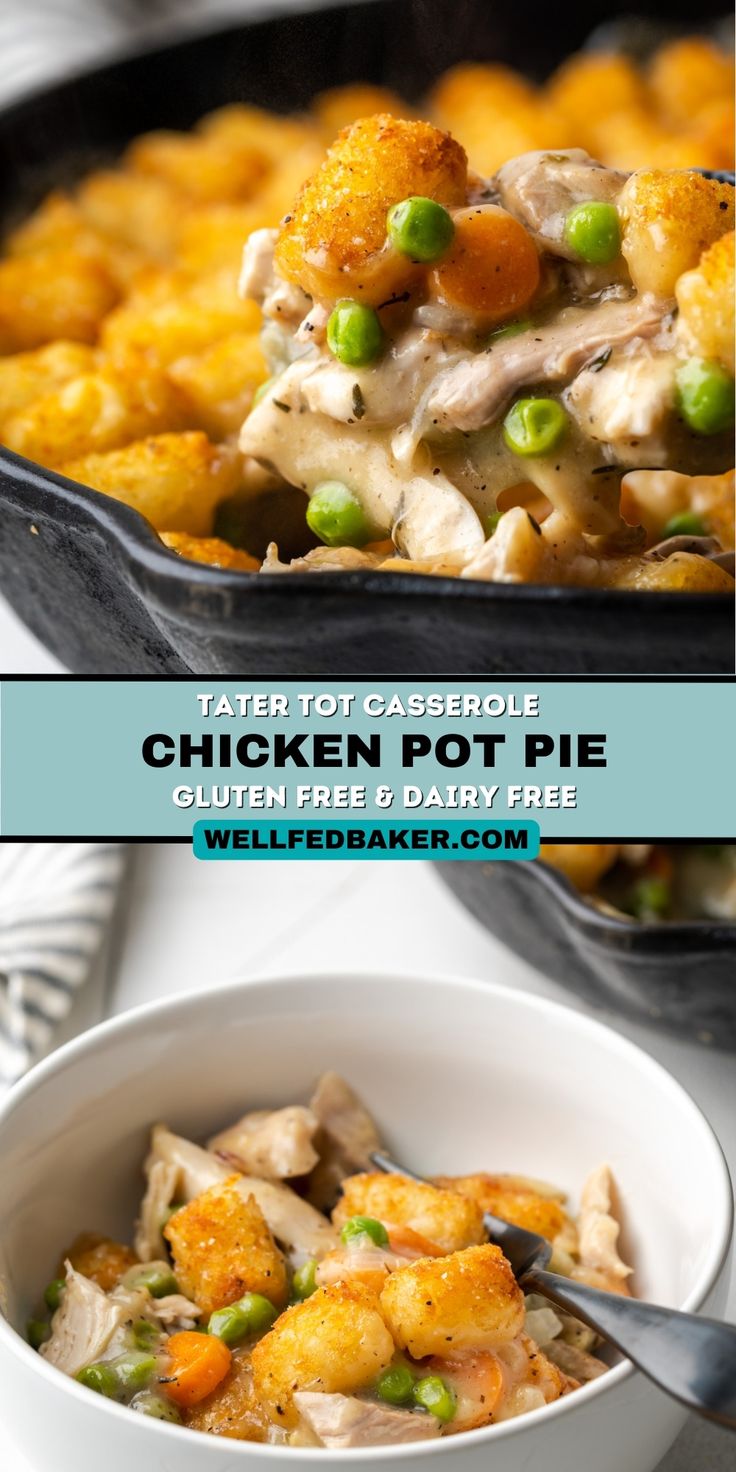 chicken pot pie with peas and carrots in a casserole dish