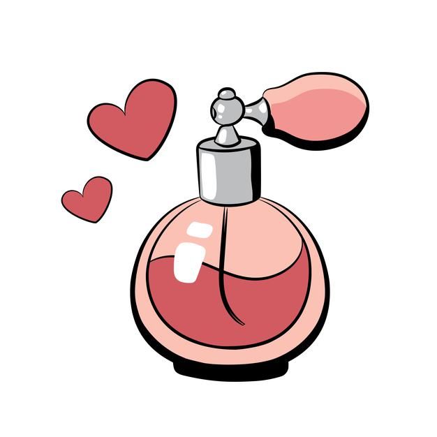 a pink perfume bottle with hearts floating around it