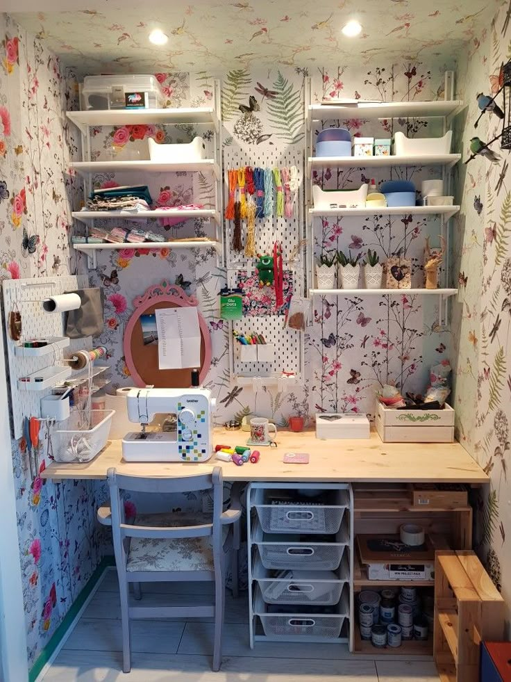 a craft room with lots of storage space