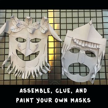 two masks with the words assemble, glue, and paint your own masks on them