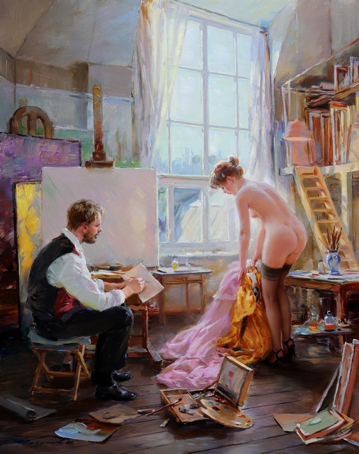 a painting of a man and woman in an artist's studio