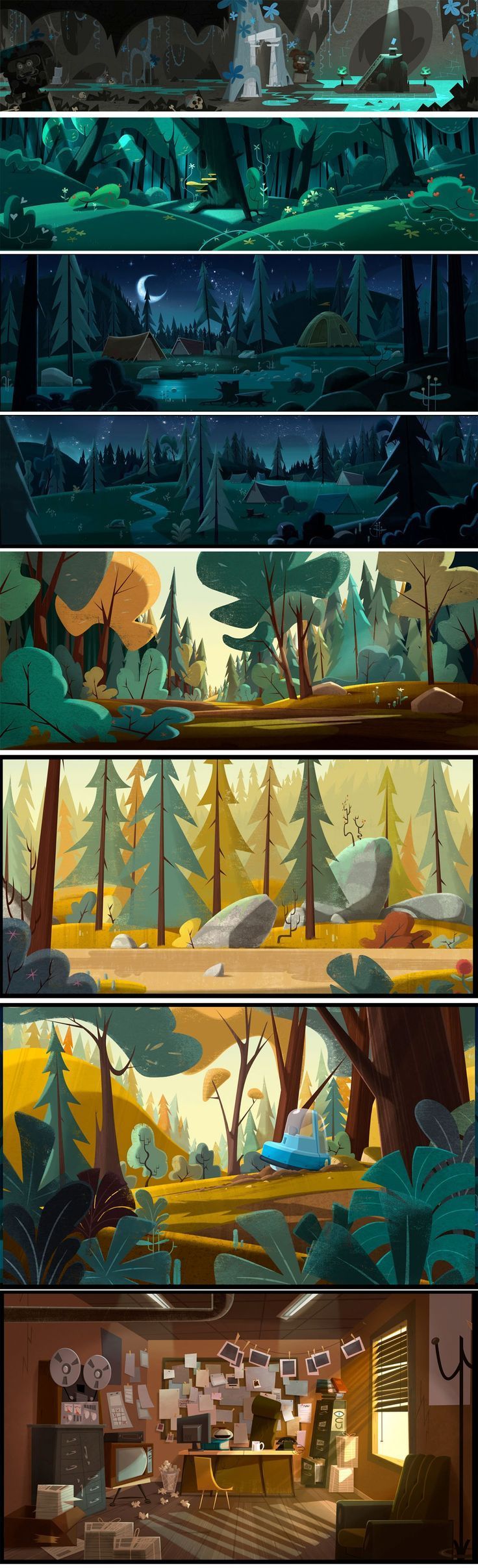 an animation strip showing different stages of the same scene, with trees and mountains in the background