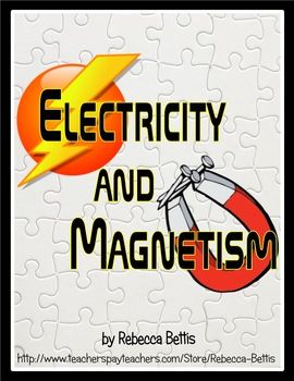 the cover of electricity and magnetism by rebekca bellis, with puzzle pieces surrounding it