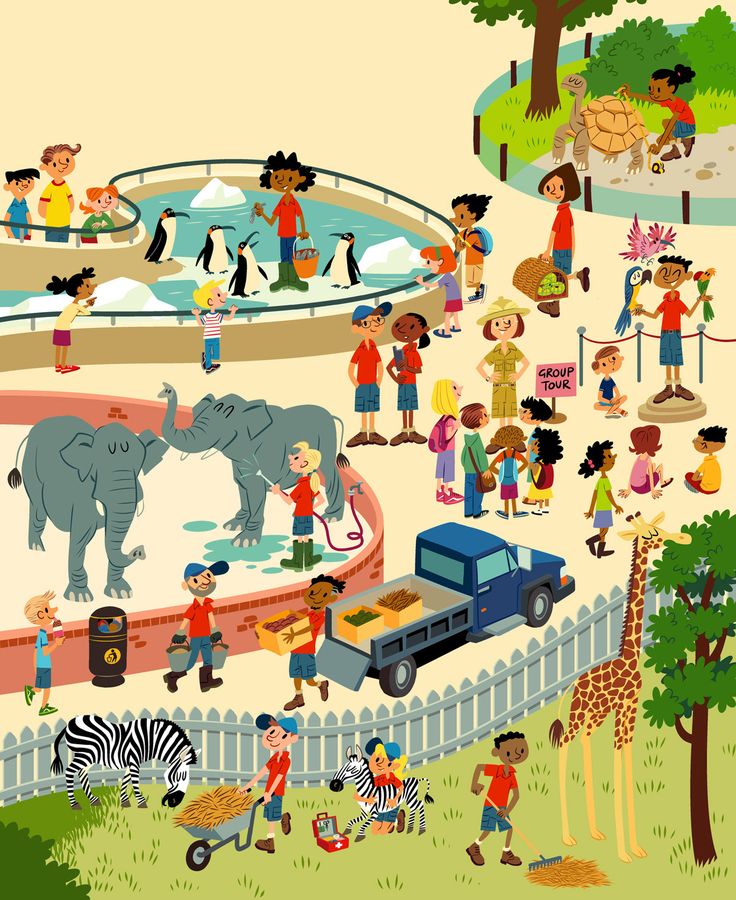 an illustrated zoo scene with various animals and people