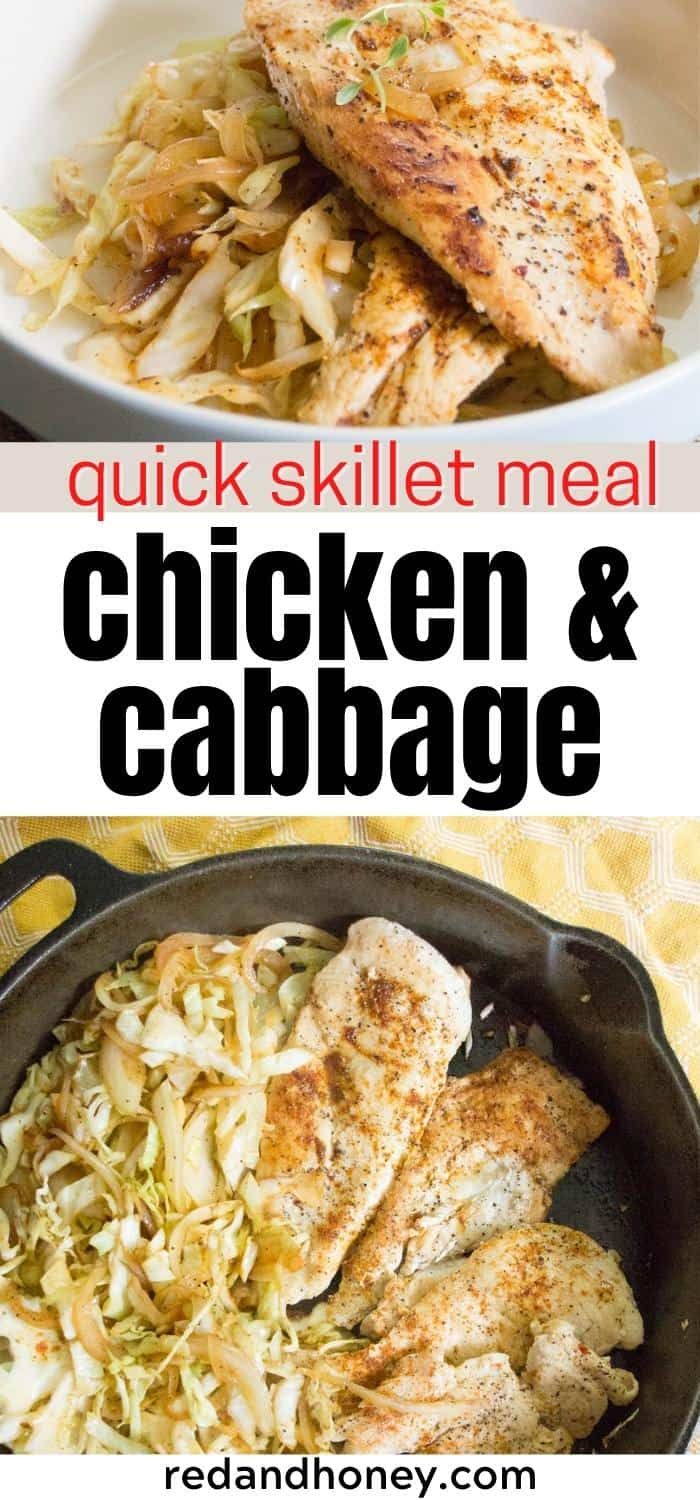 chicken and cabbage skillet meal with text overlay