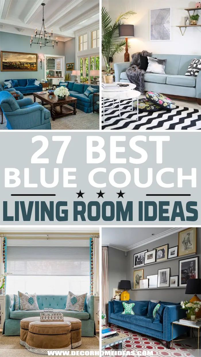 living room with blue couches and black and white rugs in the middle, two pictures