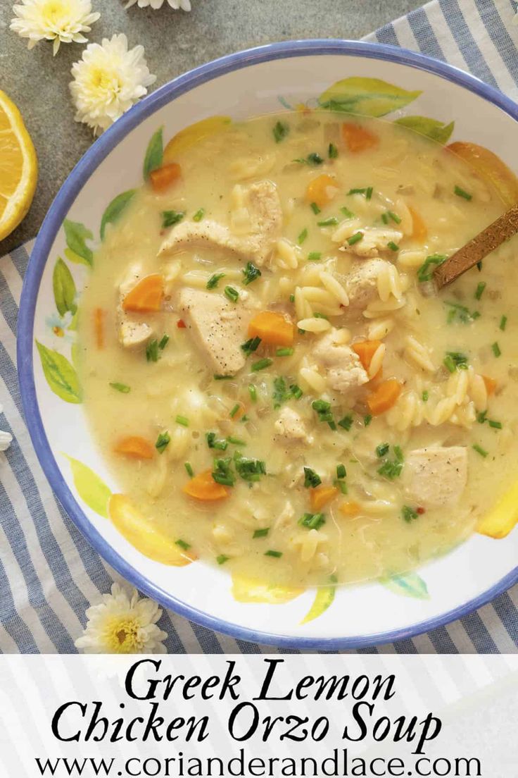 a bowl of chicken orzo soup with lemons and parsley on the side