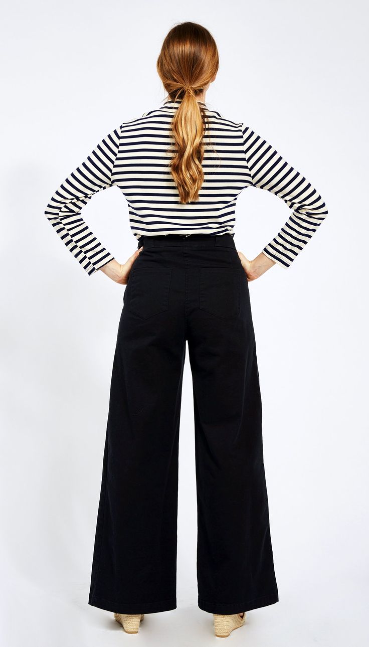 The Long Sabrina Pants are the high waisted flattering pants you need in your life! We cut these to flatter your waist and butt, with front and back pockets. Made from washed stretch Black twill and featuring wide belt loops and side zipper closure. FIT NOTE: The measurements below are of the actual pants. These are made with stretch fabric and will fit up to 2" bigger if needed as they will stretch to fit your body. If you want a tight snug fit, we suggest buying these in the smallest size that High Rise Bottoms With Hip Pockets For Fall, High Rise Bottoms For Workwear, Versatile High Rise Bottoms For Fall, High Rise Cotton Pants For Fall, High Rise Workwear Bottoms With Five Pockets, Fall Workwear Bottoms With Five Pockets, High-rise Pants With Loosely Fitted Hips For Fall, High Rise Pants With Loosely Fitted Hips For Workwear, High Rise Cotton Wide Leg Pants With Belt Loops