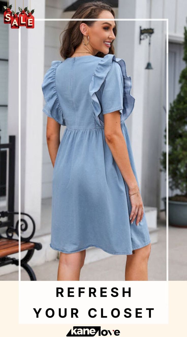 Ruffled Round Neck Short Sleeve Denim Dress Light Blue Casual Mini Dress With Ruffle Hem, Casual Short Sleeve Denim Blue Midi Dress, Casual Solid Color Spring Dress, Spring Dresses With Ruffles In Relaxed Fit, Knee-length Ruffled Dresses With Relaxed Fit, Casual A-line Denim Dress For Fall, Light Blue Relaxed Fit Dress For Spring, Relaxed Fit Knee-length Dresses With Ruffles, Relaxed Fit Knee-length Ruffled Dresses