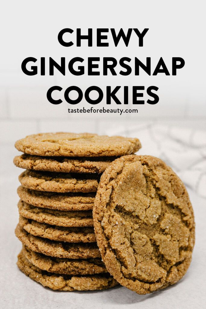 chewy ginger snapsnap cookies stacked on top of each other with text overlay