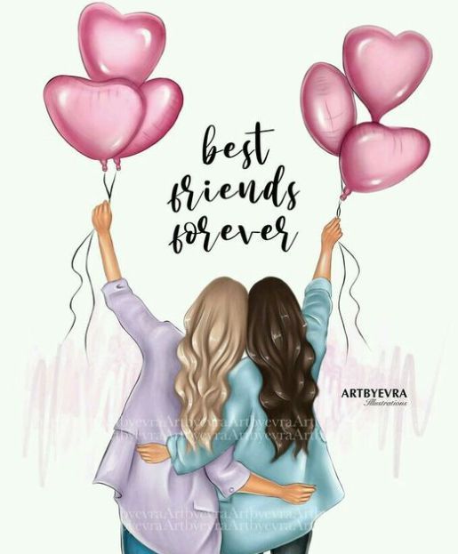 two girls holding pink heart shaped balloons with the words best friends forever