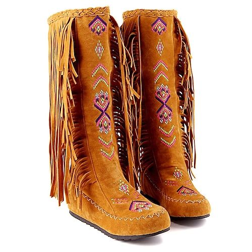 Category:Boots; Upper Materials:PU; Embellishment:Tassel; Season:Fall,Winter; Heel Type:Hidden Heel; Gender:Women's; Activity:Walking; Toe Shape:Round Toe; Type:Knee High Boots; Style:Vintage,Elegant; Heel Height(inch):1-2; Outsole Materials:Rubber; Occasion:Daily,Outdoor; Closure Type:Lace-up; Pattern:Solid Color,Embroidered; Listing Date:10/10/2023; Production mode:External procurement; 2024 Trends:Suede Shoes,Cowboy Boots,Plus Size; Size chart date source:Provided by Supplier. Knee High Moccasins, Indian Boots, Native Women, Unique Boots, Yellow Heels, Moccasin Boots, Fringe Boots, Cowboy Boots Women, Long Boots