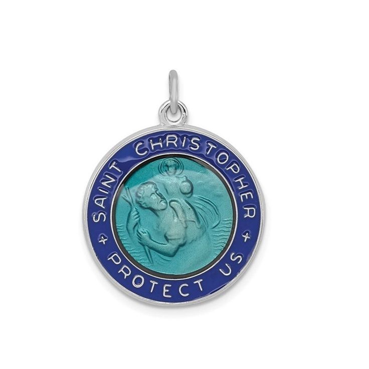 Personalize this beautiful, high quality .925 sterling silver St Christopher Pendant with your special message on the back! Beautiful blue enamel with epoxy resin. Optional 18 inch chain. Weighs 4.44 grams. Blue Medallion Jewelry For Anniversary, Blue Medallion Jewelry With Polished Finish, Personalized Blue Engraved Jewelry, Personalized Engraved Blue Jewelry Gift, Personalized Engraved Blue Jewelry, Personalized Blue Sterling Silver Jewelry, Blue Engraved Enamel Necklaces, Blue Sterling Silver Jewelry For Personalized Gift, Blue Enamel Engraved Necklace