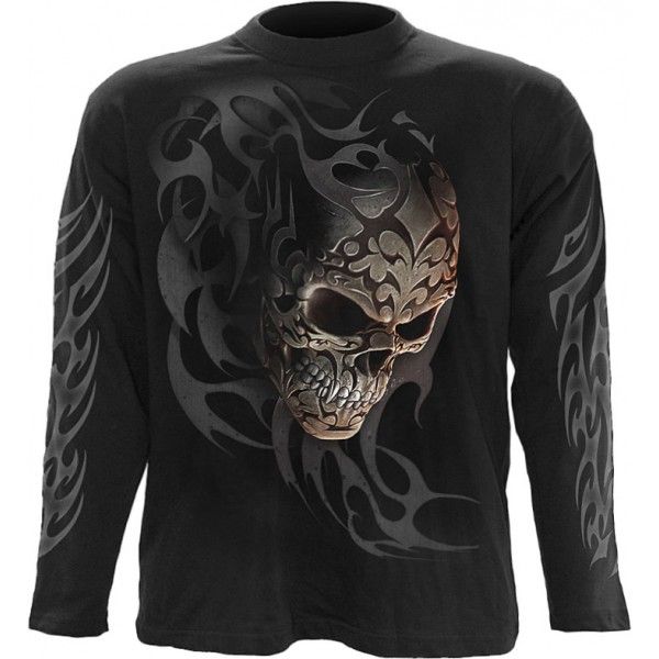 Black gothic mens long-sleeve shirt by Spiral clothing, high quality graphic print with skull and tribal design. Skull Clothes, Queen Of Darkness, Wolf Skull, Gothic Men, Affliction Men, Skull Clothing, Gothic Clothing, Punk Rave, Clothing Black