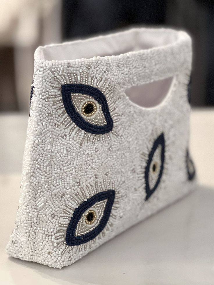 Hand Embellished White Clutch Bag, White Hand Embellished Clutch Bag, White Hand Embellished Clutch, White Embellished Clutch Bag, Summer Embellished Rectangular Clutch, White Pouch Clutch For Summer, White Embellished Bags For Summer, White Embellished Summer Bags, Summer White Pouch Clutch