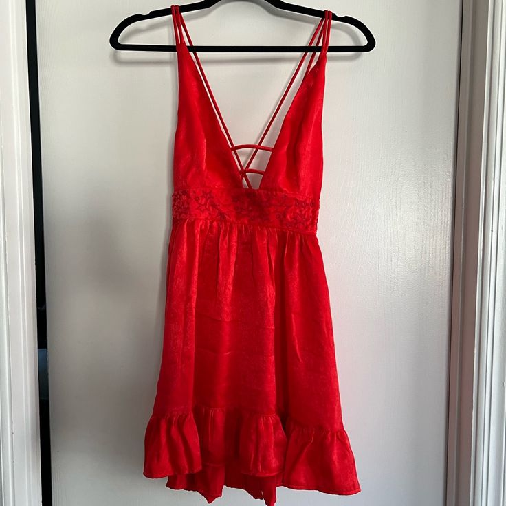 New With Tags! Size Small Cut With A Plunging Neckline And An A-Line Mini Skirt. Topped With An Embroidered Empire Waist And A Strappy Open Back. 100% Polyester Offers Welcome! Red Backless Mini Dress For Vacation, Red V-neck Lined Mini Dress, Red Mini Length Dresses By Urban Outfitters, Red Mini Dress From Urban Outfitters, Urban Outfitters Red Mini Length Dress, Urban Outfitters V-neck Mini Dress For Party, Fitted Red Mini Dress By Urban Outfitters, Urban Outfitters V-neck Party Dress, Urban Outfitters V-neck Mini Dress