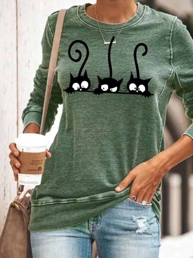 US$ 24.99 - Womens Cute Black Cat Print Casual Sweatshirt - www.zicopop.com Casual Long Sleeve Tops With Cat Design, Fall Cat Print Crew Neck Top, Fall Crew Neck Top With Cat Print, Casual Long Sleeve Top With Cat Print, Casual Cat Design Tops For Fall, Casual Tops With Cat Design For Fall, Casual Fall Tops With Cat Design, Casual Winter Tops With Cat Print, Casual Crew Neck Sweatshirt With Cat Print