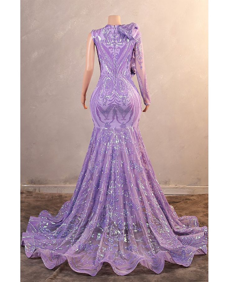 Get 10% off now! Buy purple sparkly sequined mermaid one long sleeved prom dress with ruffles at wholesale price online. Free shipping and pro custom service since 2009. Sleeved Prom Dress, Prom Dress With Ruffles, Delicate Gown, Wedding Store, Dress With Ruffles, Tulle Ball Gown, Standard Dress, Fantasy Gowns, Wedding Rentals