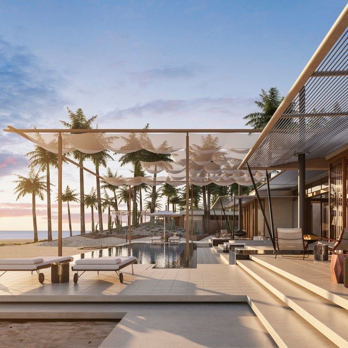 an artist's rendering of a beachfront resort with lounge chairs and umbrellas