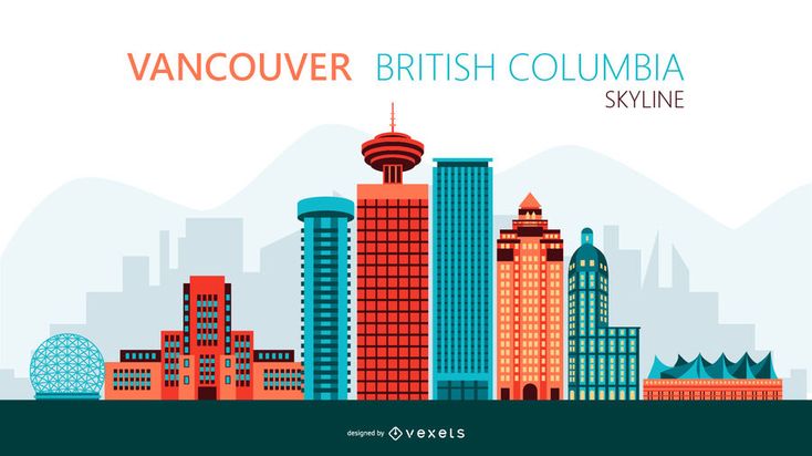 the vancouver british columbia skyline is shown in orange, blue and green with mountains behind it