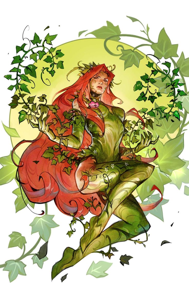 a drawing of a woman with red hair and green leaves on her body sitting in the air