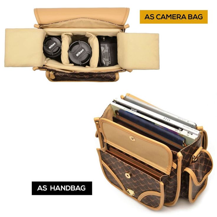 an image of a camera bag with its contents in the back and side pockets open