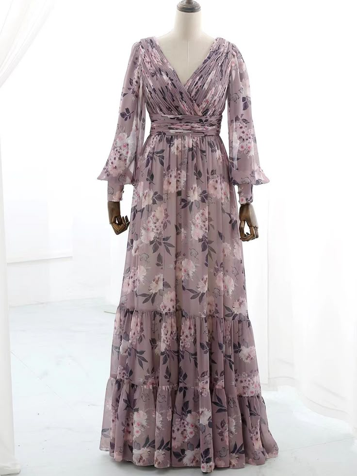 MissJophiel Long Puff Sleeves V Neck Floral Chiffon Wisteria Evening Gown Wedding Guest Dress Shifon Dress Chiffon Fashion, Shifon Dress Chiffon Style, Shifon Dress, Chiffon Gown Styles, Gown Wedding Guest, Materials Gown Style, Evening Gown Wedding, Floral Dress Design, Long Gown Design