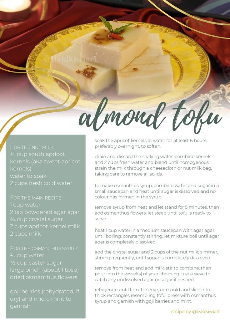 the menu for almond tofu is displayed on a plate with candles and napkins