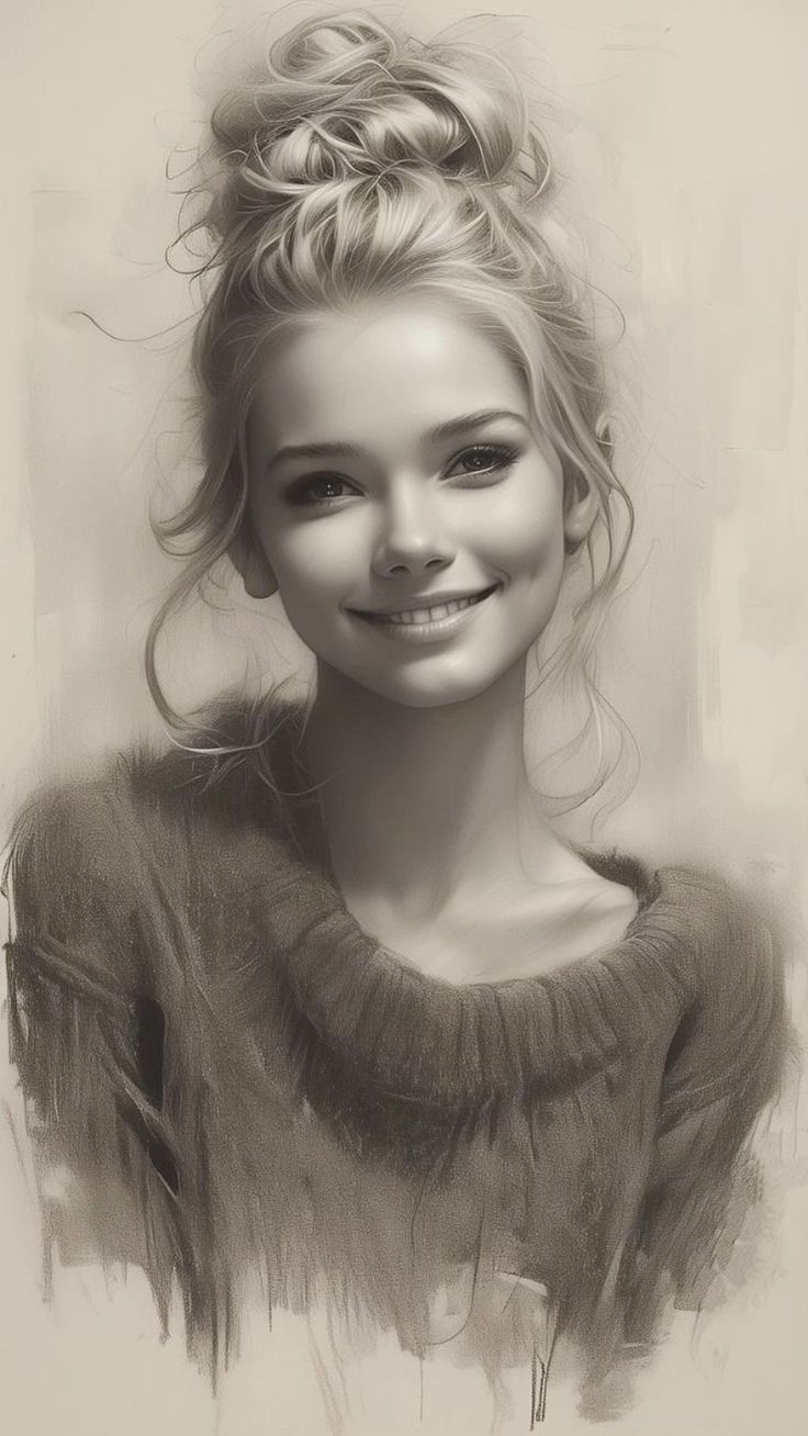 a black and white drawing of a smiling woman