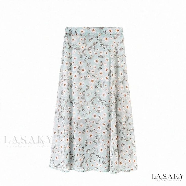 Lasaky - Light Blue Daisy Print High-Waisted Maxi Skirt with Chiffon Flowy Design High Waisted Maxi Skirt, Flowy Design, Sleeveless Long Dress, Blue Daisy, Bodycon Maxi Dresses, Jacquard Dress, Daisy Print, Princess Style, Light Blue Color