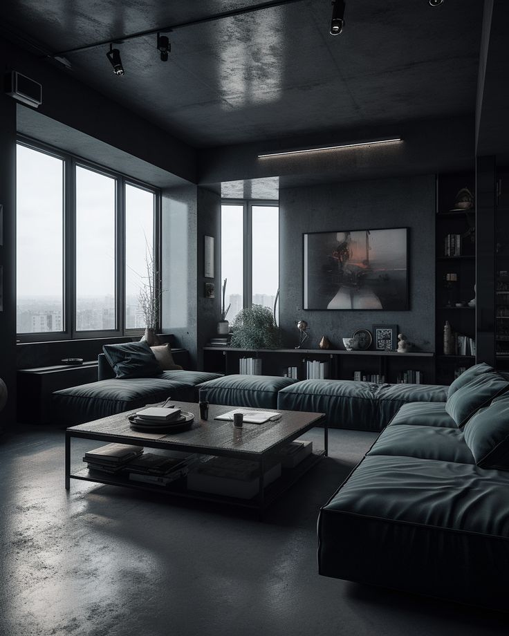 a living room filled with lots of furniture next to large windows on top of a building