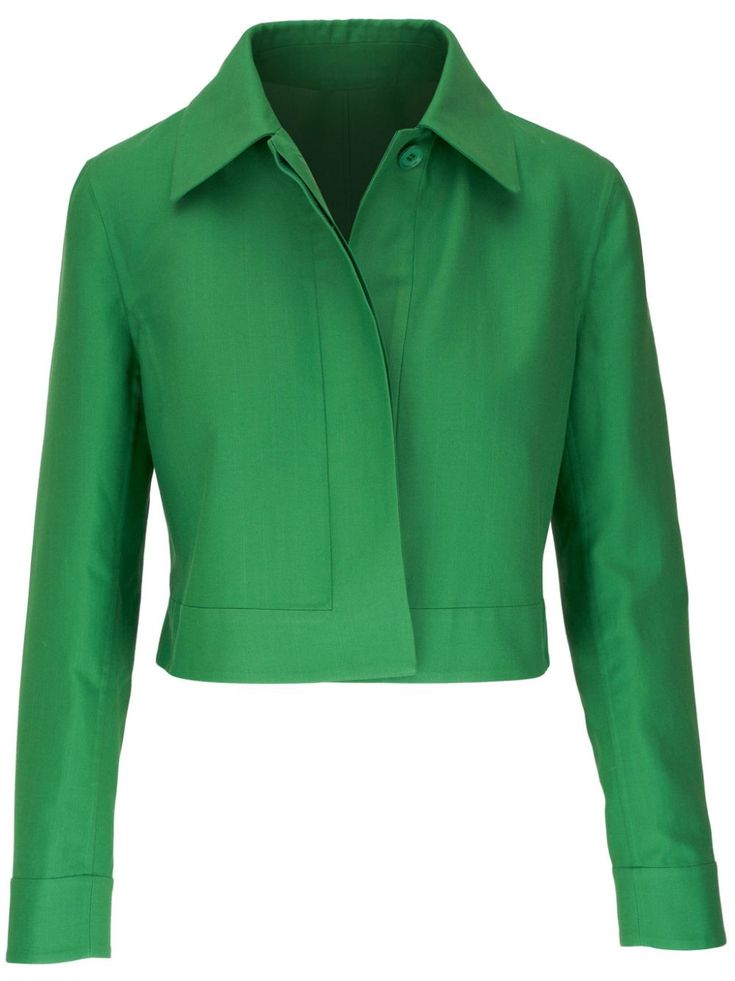 bright green cotton-silk blend classic collar long sleeves with buttoned cuffs straight hem cropped concealed front button fastening Versace Outfit, Yoko London, City Dress, Summer Beach Wear, Cropped Jacket, Green Jacket, Crop Jacket, Green Cotton, Bright Green