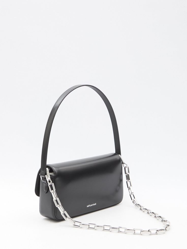 Self Portrait Leather Baguette Bag - Ellie Belle Luxury Black Baguette Bag With Magnetic Closure, Chic Evening Baguette Bag With Palladium Hardware, Leather Baguette Bag With Detachable Strap For Party, Evening Baguette Shoulder Bag With Silver-tone Hardware, Chic Evening Baguette Bag With Silver-tone Hardware, Elegant Evening Baguette Bag With Magnetic Closure, Leather Rectangular Baguette Bag With Chain Strap, Leather Baguette Bag With Chain Strap, Leather Baguette Bag For Evening