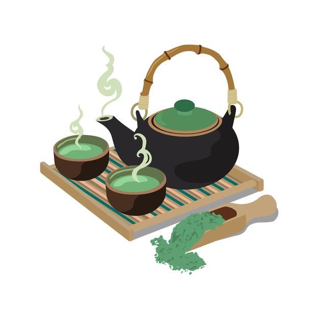 a tea pot and three cups on a tray with some green powder next to it