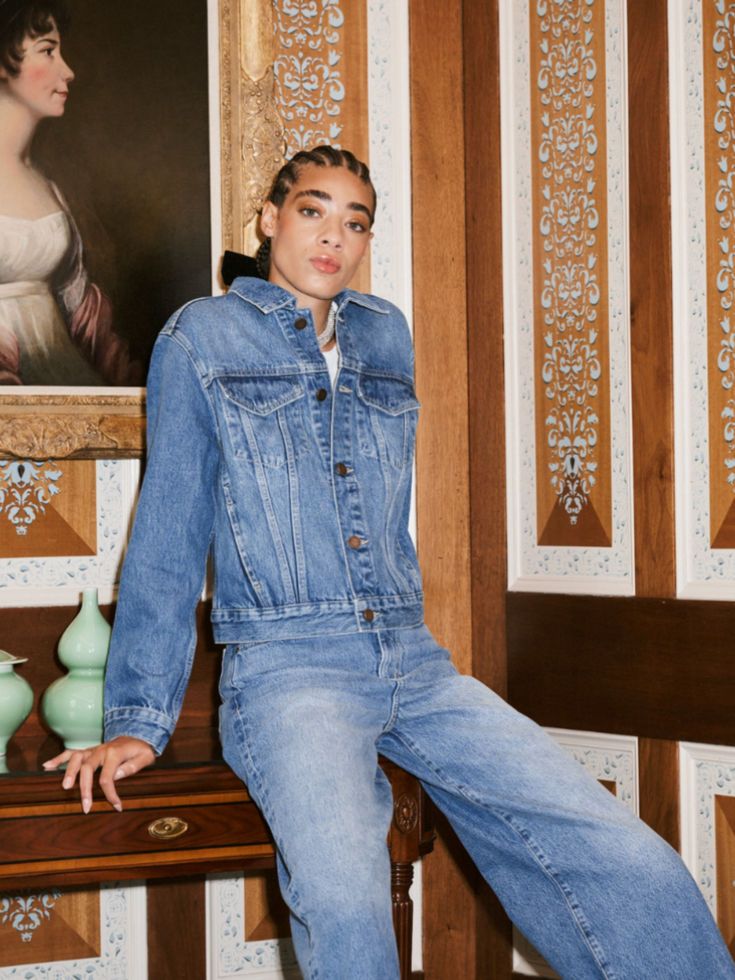 Destined to be your go-to, classic jean jacket, our version is slightly cropped so pairs perfectly with our high waisted denim, tucked in tanks or even to show off a peek of one of our oversized striped knits. Chic Relaxed Fit Denim Jacket For Fall, Chic Relaxed Fit Denim Jacket With Pockets, Spring Dark Wash Rigid Denim Jacket, Chic Medium Wash Relaxed Fit Denim Jacket, Chic Relaxed Fit Medium Wash Denim Jacket, Chic Medium Wash Relaxed Denim Jacket, Chic Dark Wash Relaxed Fit Denim Jacket, Fitted Denim Jacket With Pockets, Fitted Denim Jacket With Pockets In Rigid Denim