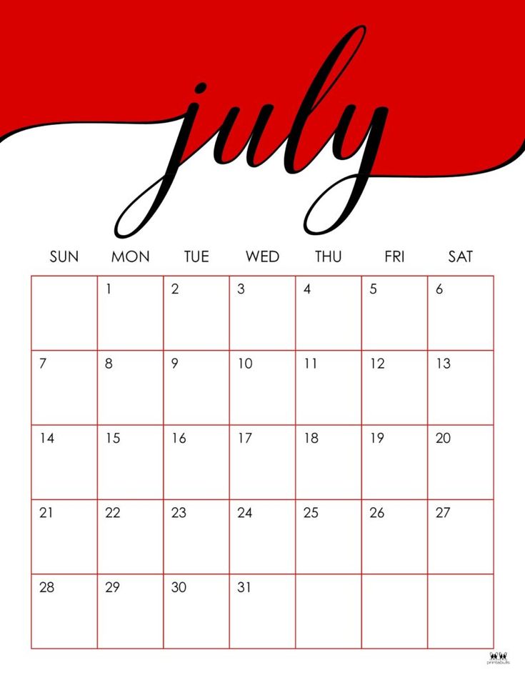 a july calendar with the word july written in black and red ink on a white background