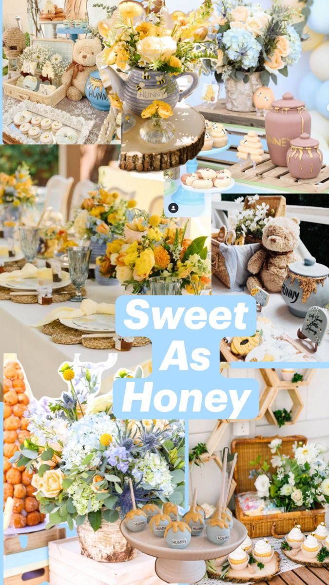 a collage of photos with flowers and desserts on it, including honey cakes