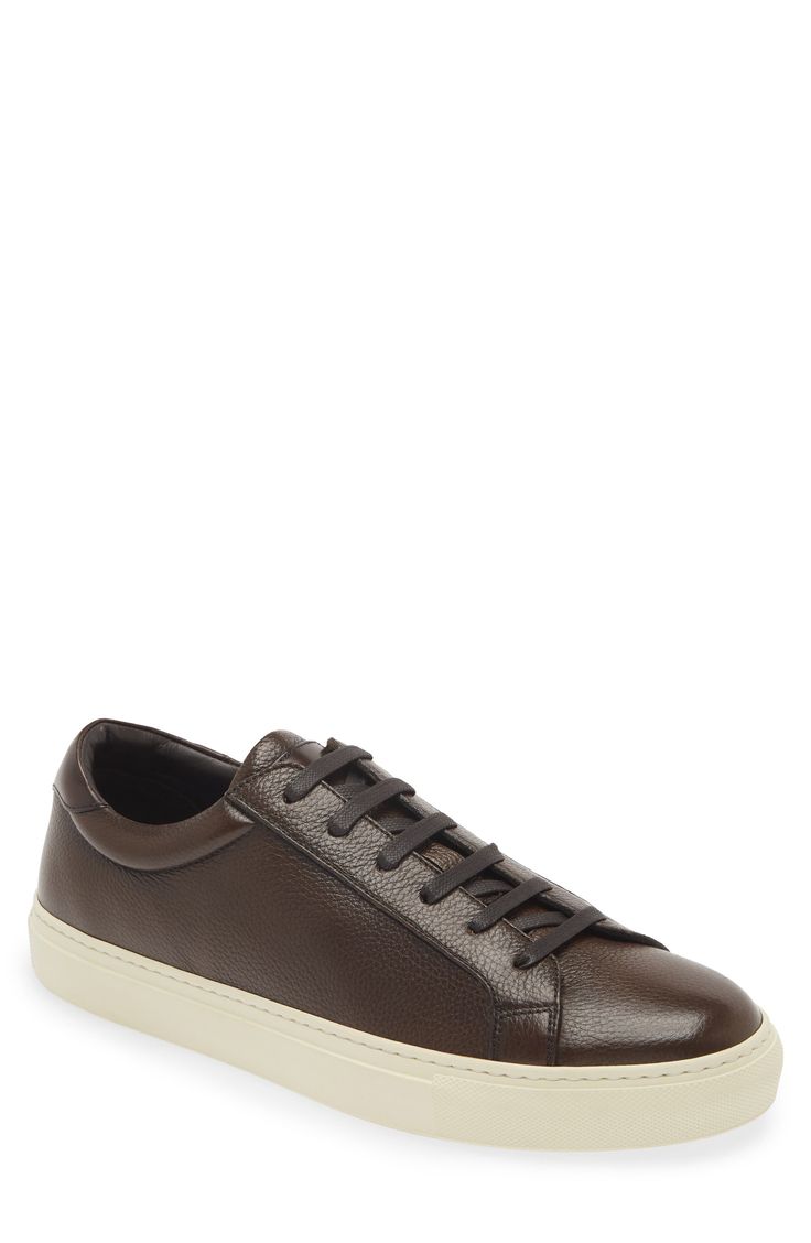 Sleek and low, this leather sneaker features classic lace-to-toe construction and minimal detailing to give it maximum versatility across your wardrobe. Lace-up style Leather upper and lining/rubber sole Made in Italy Removable insole Fall Derby Low-top Lace-up Shoes, White Sole Leather Lace-up Shoes With Vulcanized Sole, Modern Leather High-top Sneakers With Laces, Leather Lace-up Sneakers For Derby, Fall Everyday Sneakers With White Sole, Modern Lace-up Sneakers For Fall, Fall Leather Sneakers With Vulcanized Sole, Classic High-top Sneakers With Laces, Classic Low-top Lace-up Shoes For Fall