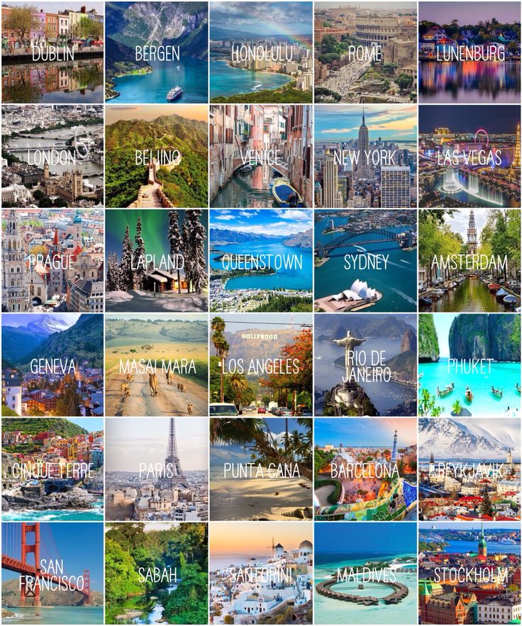 a collage of pictures with the names of different cities and towns in each country