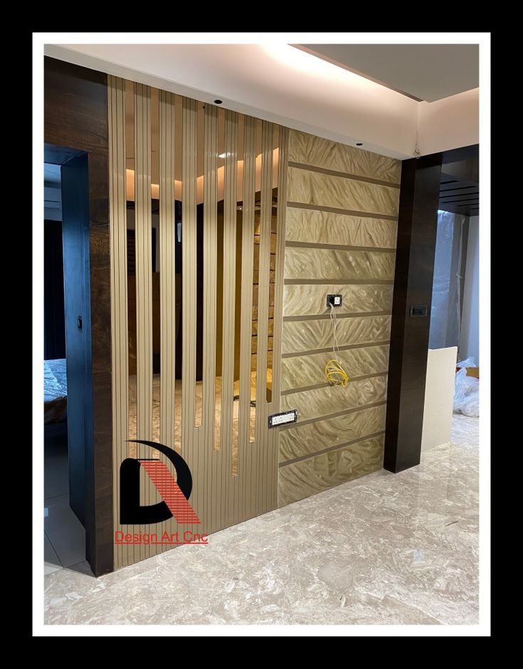 an empty room with wooden slats on the wall and tile flooring in front of it