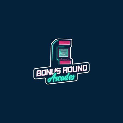 the logo for an arcade game called bon us round arches, which features a pink and green machine