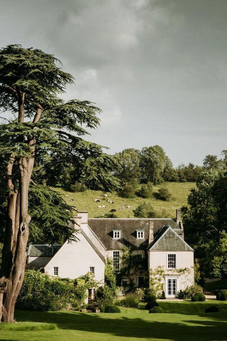 a large white house sitting on top of a lush green field next to a forest